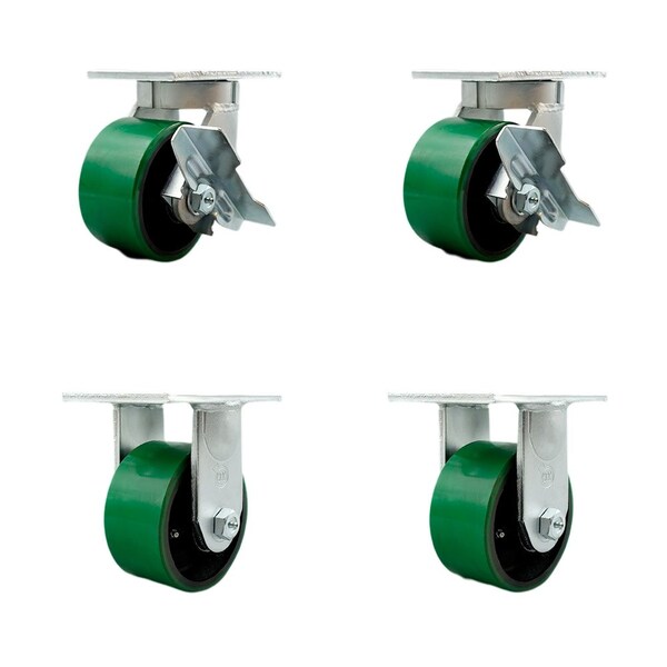 Service Caster 6'' Heavy Duty Green Poly on Metal Caster Set 2 Swivel Lock/Brake 2 Rigid, 4PK CRAN-KP92S630-PUR-GB-SLB-BSL-2-R-2 - main